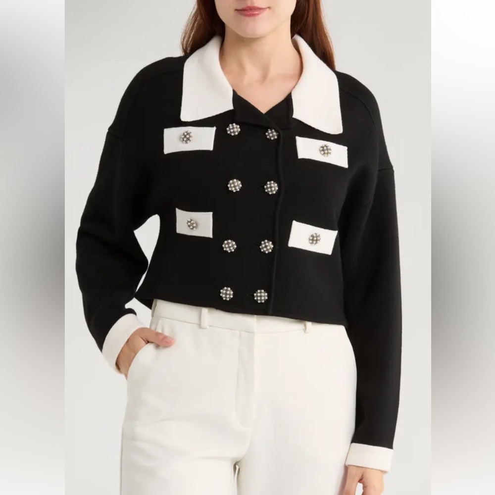 New Alice and Olivia black Verdell cropped knit sweater jacket - Picture 8 of 8